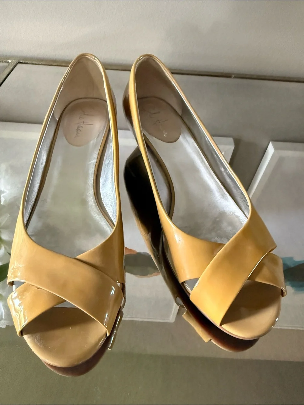 Cole Haan Nude Tan Patent Leather Peep Toe Wedge Pumps